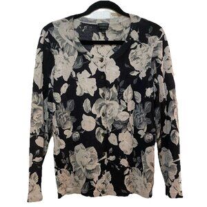 TALBOTS Black and Beige Floral 100% Merino Wool Button Up Cardigan Sz L